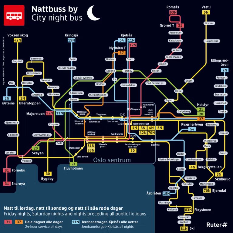Ruters linjekart for nattbuss i Oslo